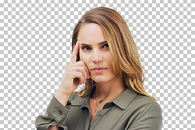 Buy stock photo Business woman, portrait and thinking of ideas, brainstorming or career decision, planning and focus. Face of professional person with memory emoji and solution isolated on transparent png background