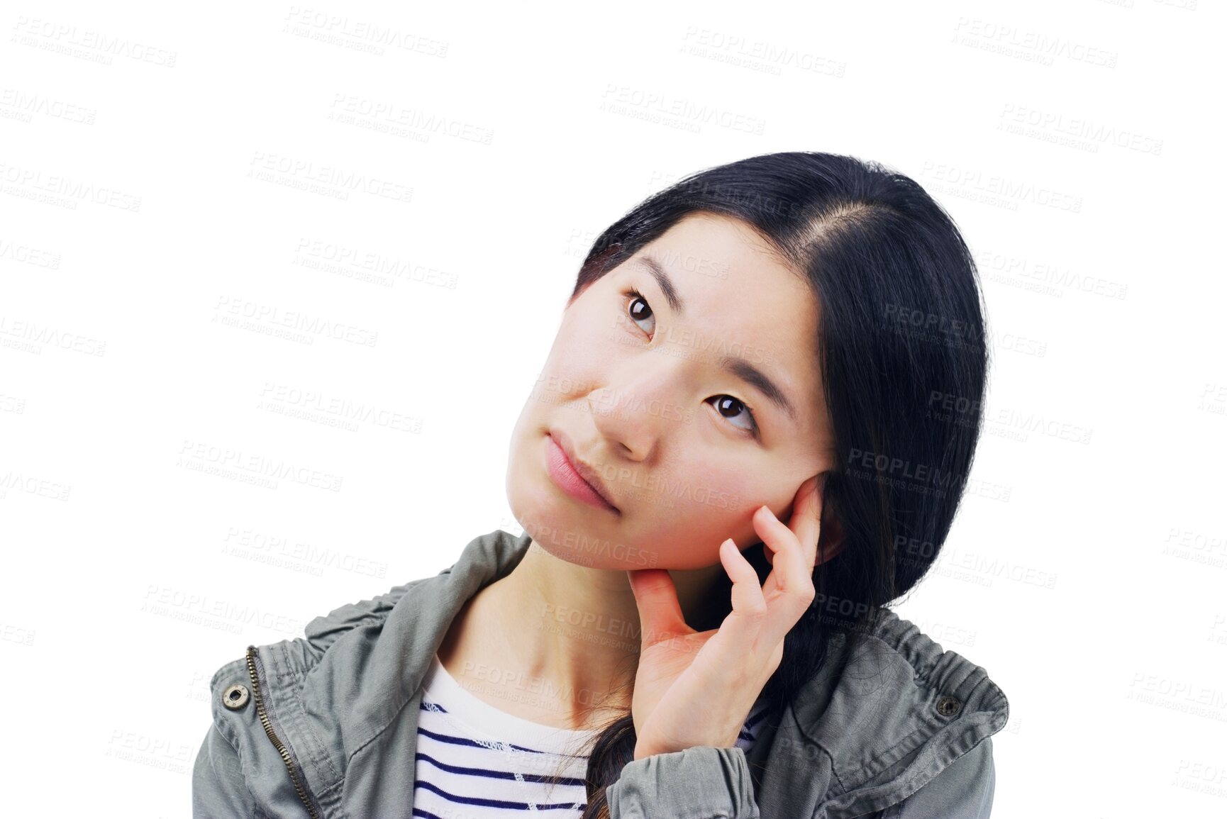 Buy stock photo Woman, student and thinking, doubt or confused for university goals, ideas or college decision. Young asian person with memory emoji, vision and future planning isolated on transparent png background