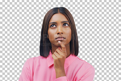 Buy stock photo African woman, business and thinking of ideas, brainstorming or marketing decision, planning and focus. Professional designer person, vision emoji and solution isolated on transparent png background