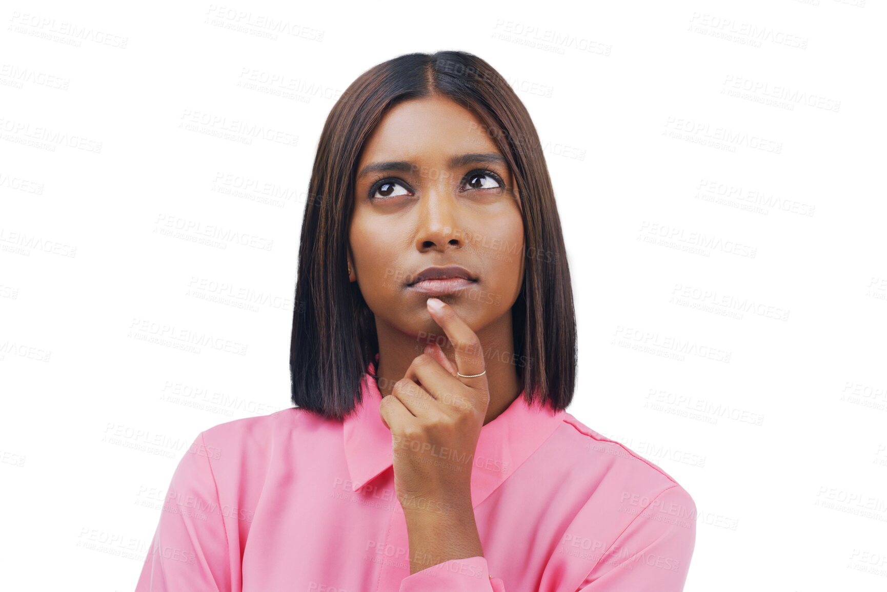 Buy stock photo African woman, business and thinking of ideas, brainstorming or marketing decision, planning and focus. Professional designer person, vision emoji and solution isolated on transparent png background