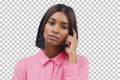 Buy stock photo Portrait, thinking and Indian woman with solution, emoji and model isolated on a transparent background. Png, female person and girl with questions, mindset and brainstorming with problem solving