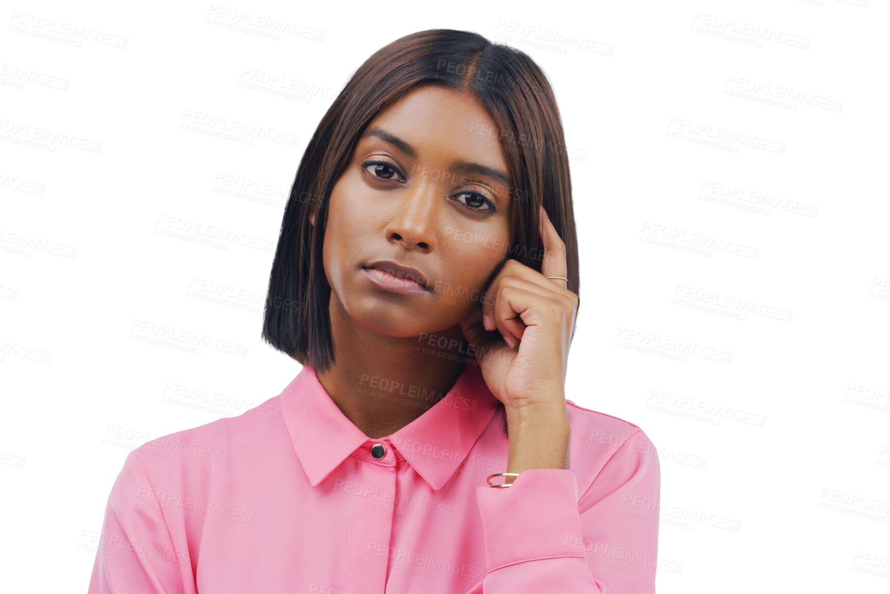 Buy stock photo Portrait, thinking and Indian woman with solution, emoji and model isolated on a transparent background. Png, female person and girl with questions, mindset and brainstorming with problem solving