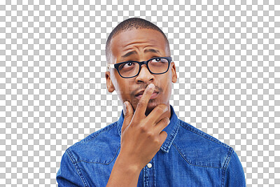 Buy stock photo Black man, thinking and confused with doubt or remember, memory and planning on isolated, transparent or png background. Decision, guy and question for brainstorming, why and problem solving ideas