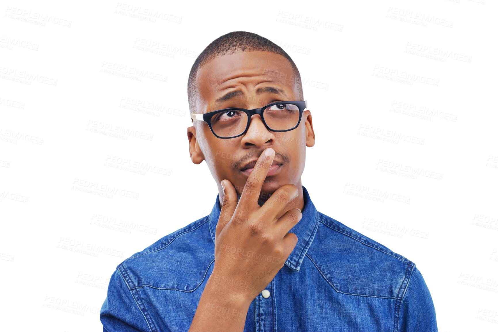 Buy stock photo Black man, thinking and confused with doubt or remember, memory and planning on isolated, transparent or png background. Decision, guy and question for brainstorming, why and problem solving ideas