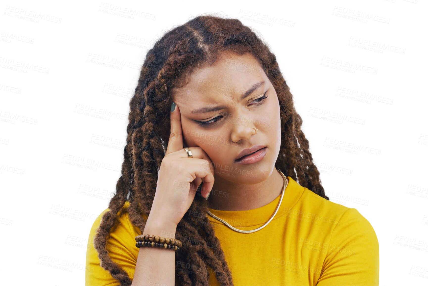 Buy stock photo Woman, student and thinking, stress or confused for university planning or decision. Young african person with doubt emoji, remember or problem with choice isolated on transparent png background