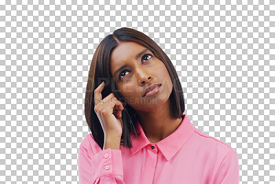 Buy stock photo Business woman, confused and thinking, ideas or brainstorming for marketing decision, remember or memory. Designer or african person in doubt or question emoji isolated on transparent, png background