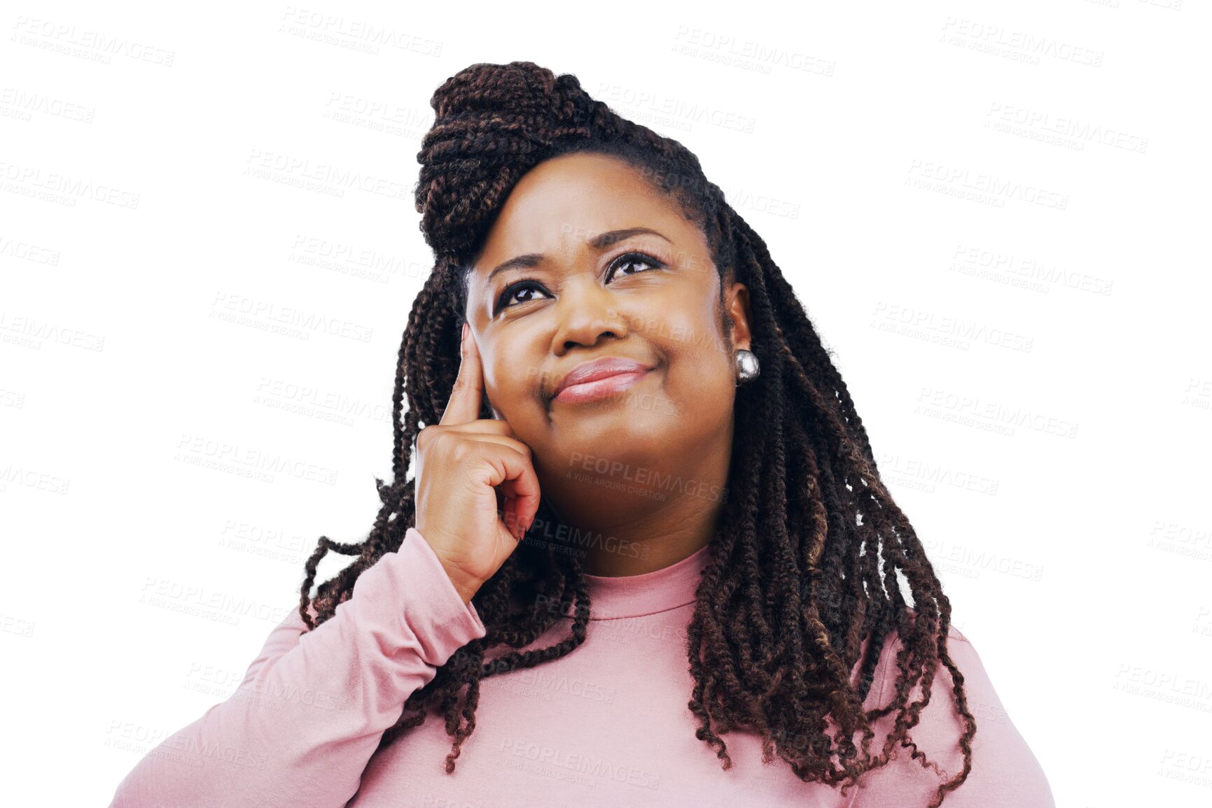 Buy stock photo African woman, vision and thinking, ideas or brainstorming for fashion decision, choice or remember. Creative african person in happy solution or question emoji isolated on transparent png background