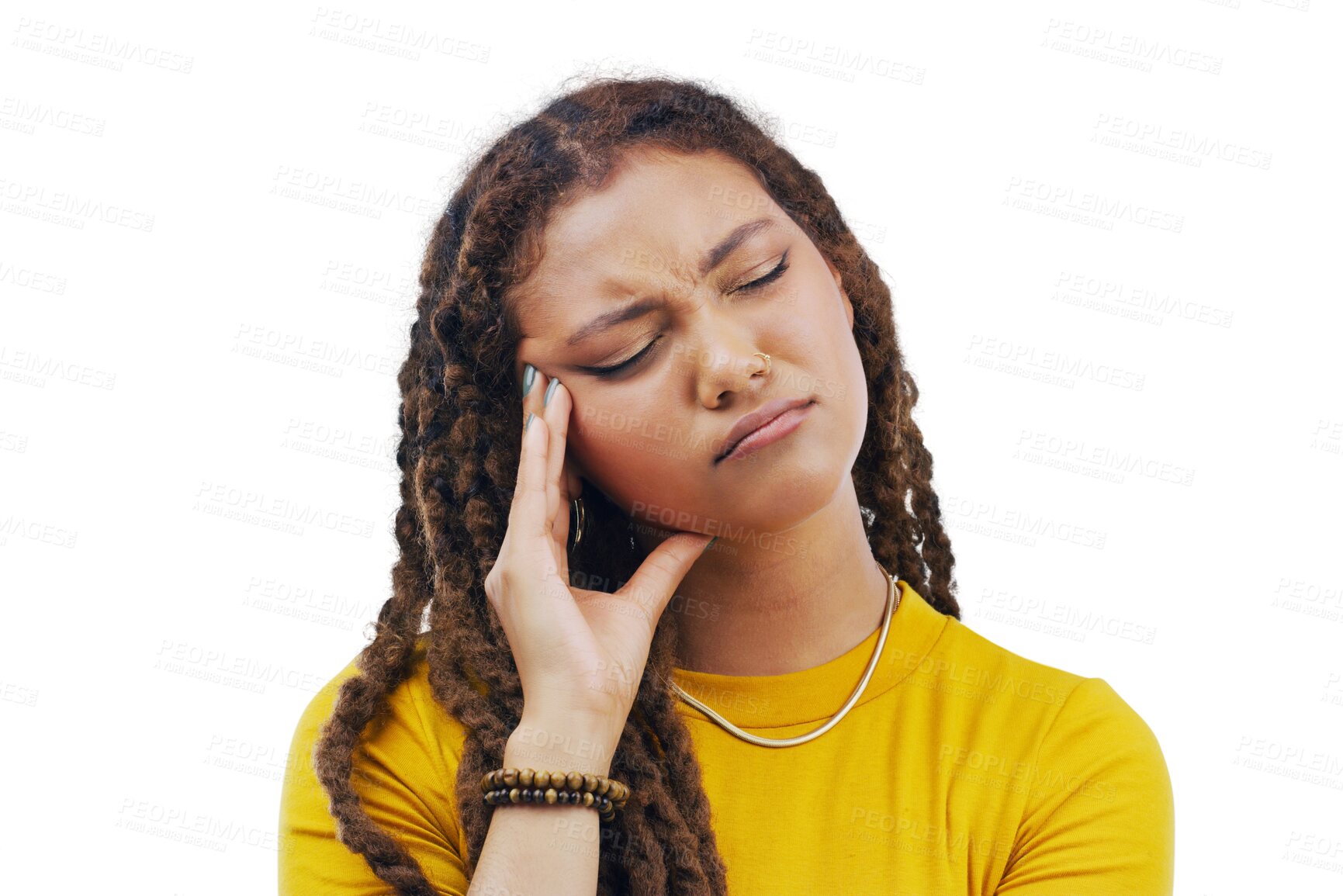 Buy stock photo Woman, student headache and stress, confused or doubt for university debt or college decision. African person with depression, pain or sad for education fail isolated on transparent png background