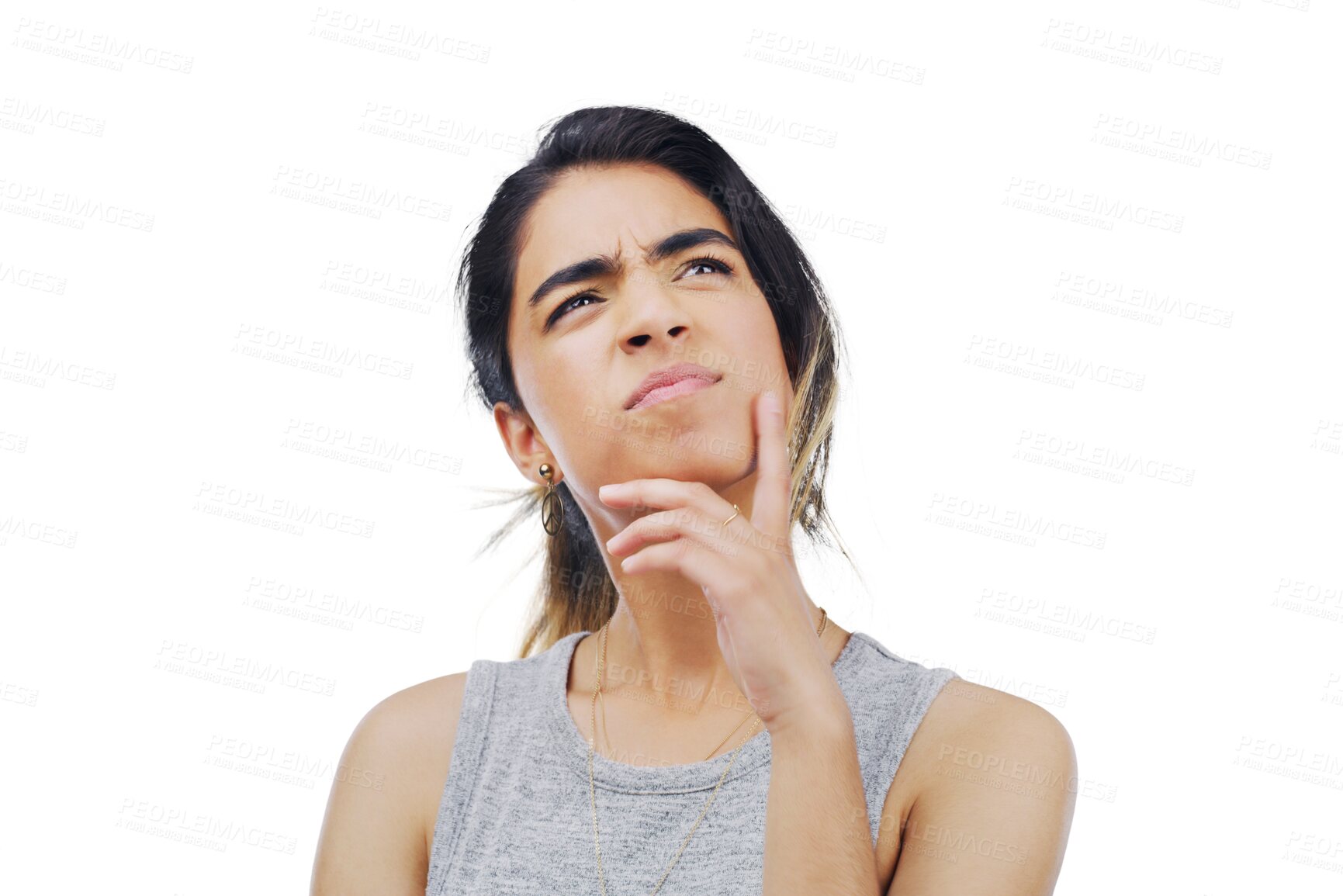 Buy stock photo Why, thinking and woman with questions, confused and problem solving isolated on a transparent background. Png, female person and model with doubt, mindset and brainstorming with planning and emoji 