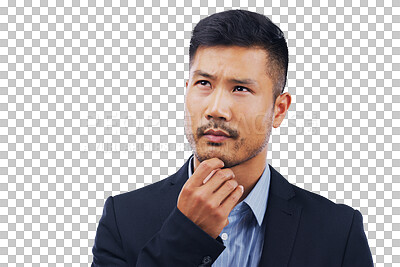 Buy stock photo Thinking, vision and business man ideas, solution or decision isolated transparent, png background. Corporate employee or professional asian person for brainstorming, questions emoji or job strategy