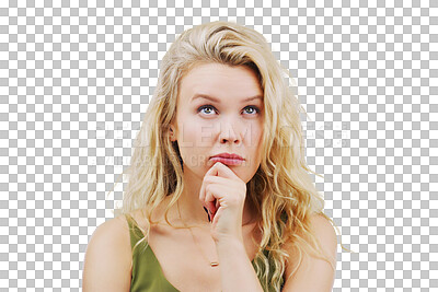 Buy stock photo Question, thinking and woman with solution, problem solving and model isolated on a transparent background. Png, female person or girl with doubt, goals and brainstorming with planning or opportunity