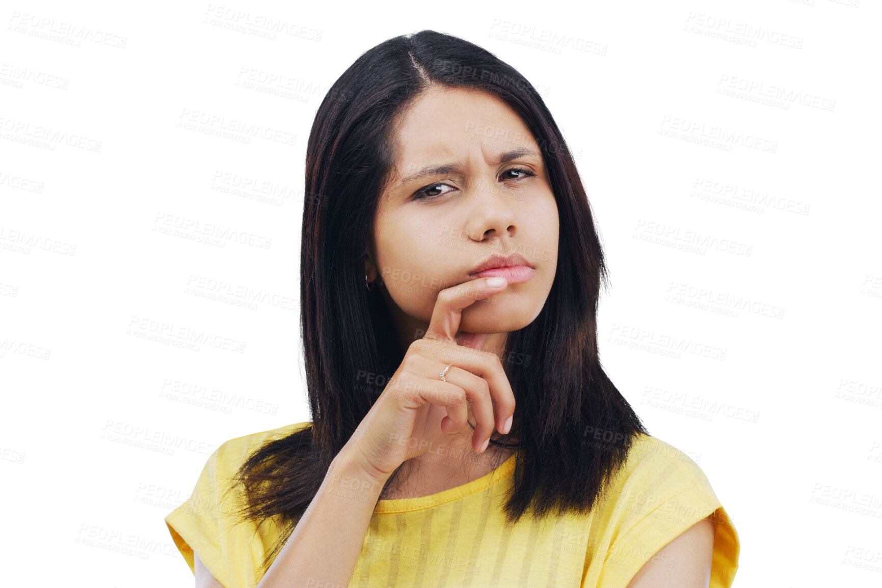 Buy stock photo Portrait, doubt and thinking with a confused woman isolated on a transparent background for problem solving. Face, question and why with a young female person on PNG to consider a choice or option