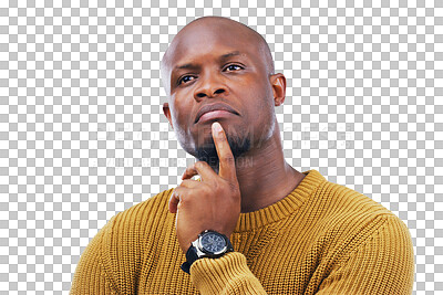 Buy stock photo African man, doubt and thinking of ideas or confused by question, why and planning on isolated, transparent or png background. Remember, face and guy with a solution, problem solving or brainstorming