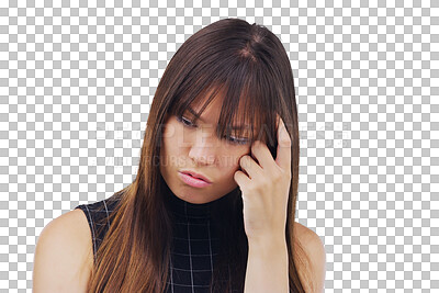 Buy stock photo Woman, student and thinking, confused or doubt for university exam, learning fail or college decision. Young sad person, education questions or problem solving isolated on transparent, png background