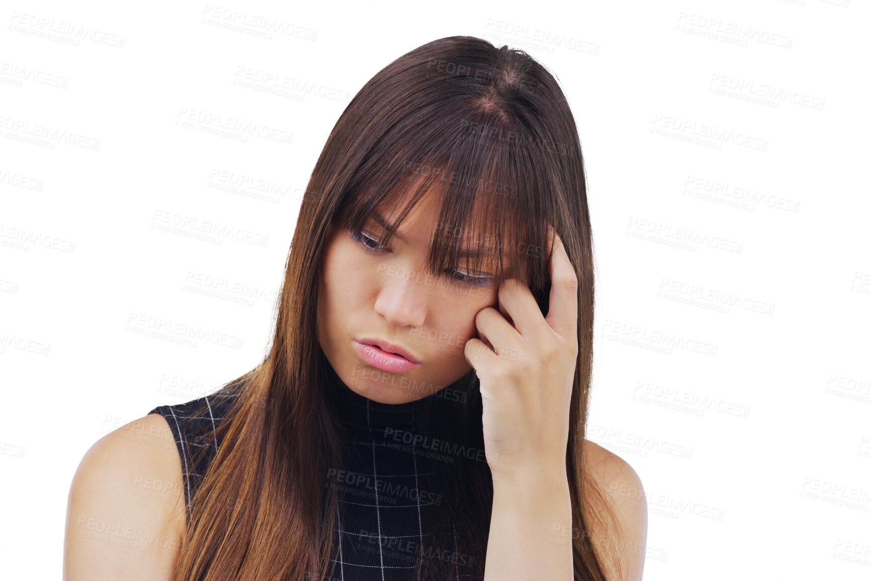 Buy stock photo Woman, student and thinking, confused or doubt for university exam, learning fail or college decision. Young sad person, education questions or problem solving isolated on transparent, png background