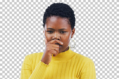 Buy stock photo African woman, doubt and portrait of thinking of a question, why or confused ideas on transparent, isolated or png background. Serious, face and planning a decision, choice or person brainstorming 