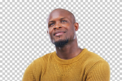 Buy stock photo Idea, thinking and black man with solution, emoji and planning isolated on a transparent background. Png, male person and African model with questions, brainstorming and future with problem solving