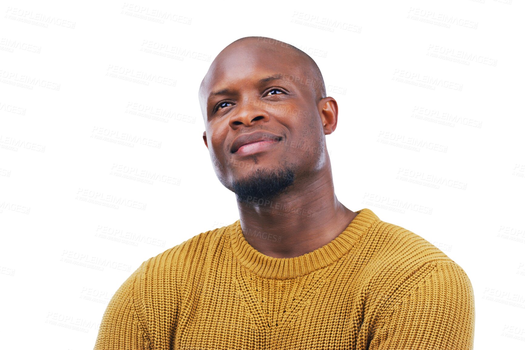 Buy stock photo Idea, thinking and black man with solution, emoji and planning isolated on a transparent background. Png, male person and African model with questions, brainstorming and future with problem solving