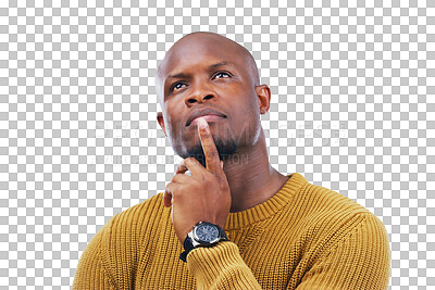 Buy stock photo African man, thinking and remember ideas or confused by question, why or planning on isolated, transparent or png background. Doubt, face and guy with a solution, problem solving or brainstorming