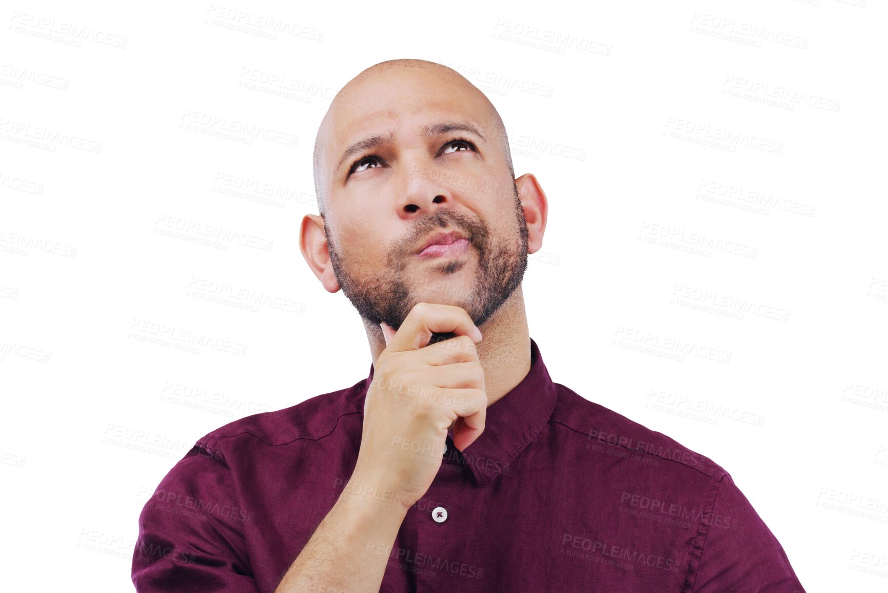 Buy stock photo Man, thinking and confused by ideas and question, why or planning on isolated, transparent or png background. Remember, doubt and guy with a solution, problem solving or brainstorming a memory