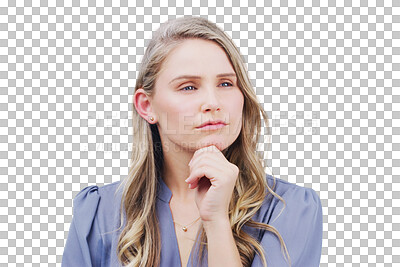 Buy stock photo Thinking, doubt or problem solving with the face of a woman isolated on a transparent background. Idea, question and confused with a young female person on PNG to consider a choice or option