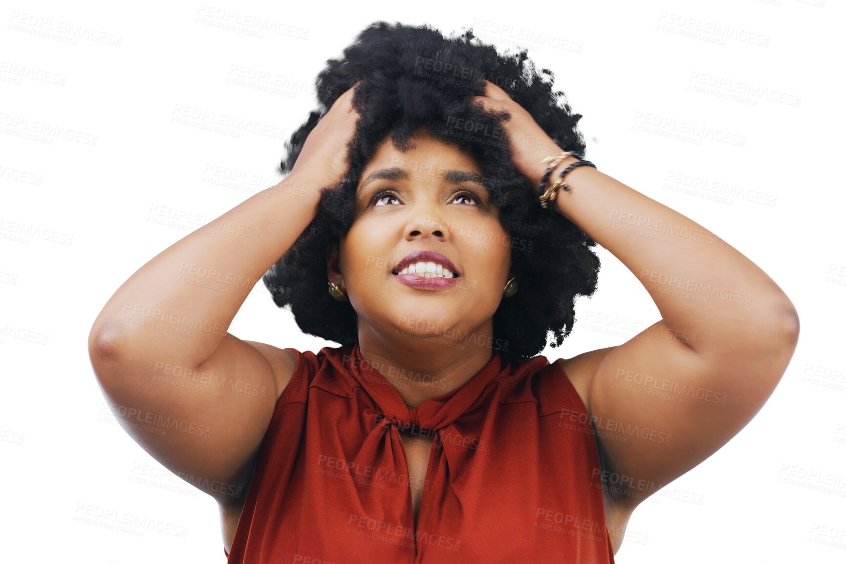 Buy stock photo Frustrated, stress and problem by woman with a fail and isolated on a transparent png background. Mental health, mistake and African girl thinking of a crisis, fear and anxiety about an emergency