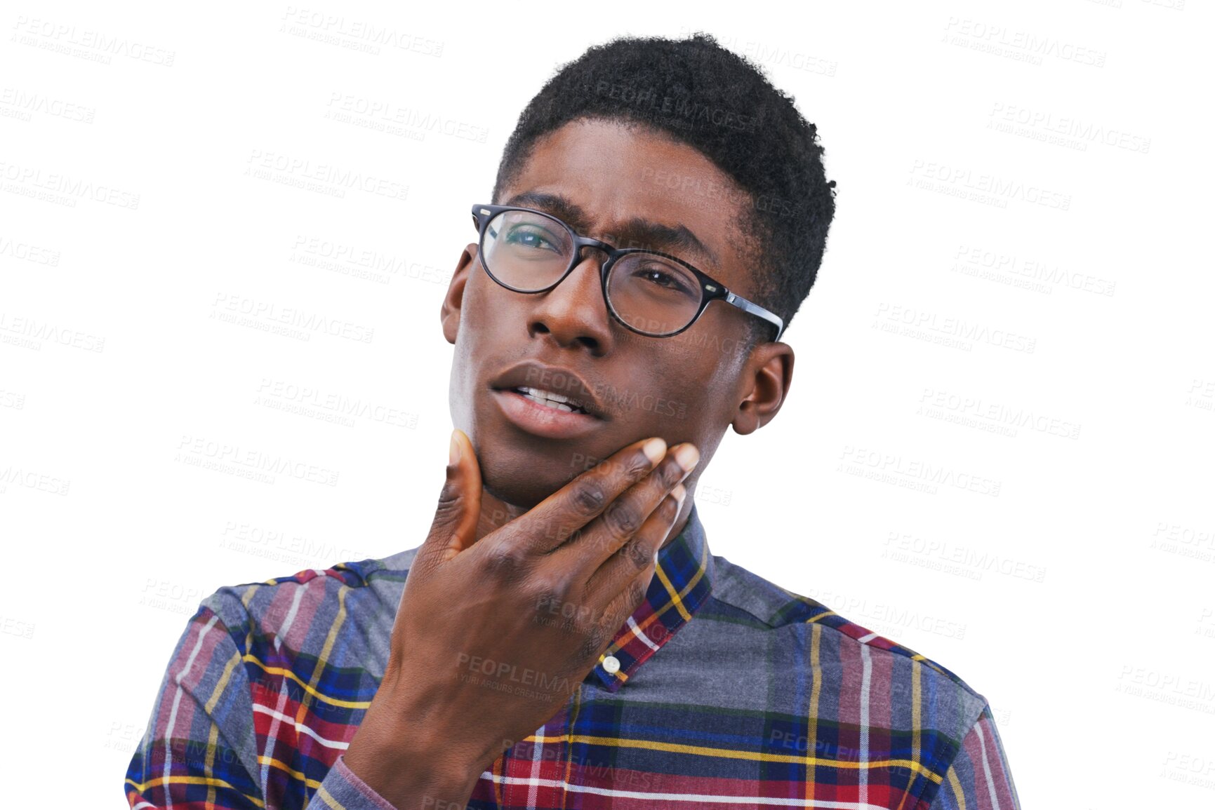 Buy stock photo Black man, student ideas and thinking, doubt or confused with university, study or college decision. Young person in learning solution or problem solving emoji isolated on transparent png background