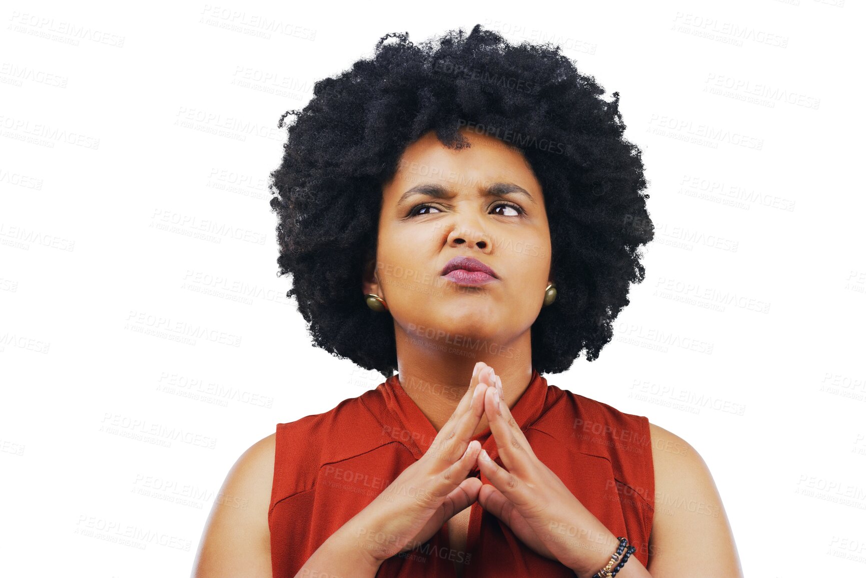 Buy stock photo Thinking, smirk and woman with an idea for problem solving isolated in a transparent or png background. Doubt, emoji and face of female person with option, choice and unsure or suspicious expression