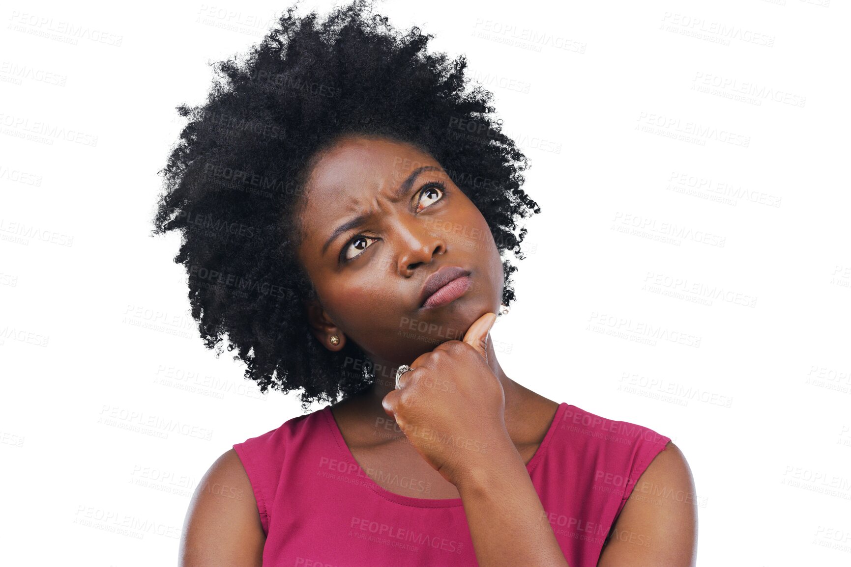 Buy stock photo Black woman, thinking and confused with a decision or choice isolated on a transparent background. Doubt, unsure and african female person contemplating a solution with an emoji expression on PNG