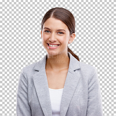 Buy stock photo Happy, portrait of woman and intern for a corporate, business or graduate lawyer on isolated, transparent or png background. Legal, consultant or smile on the face of employee in training internship