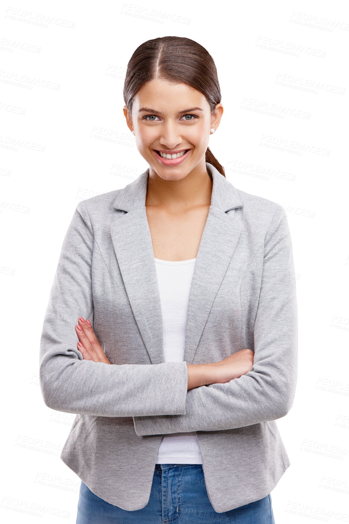 Buy stock photo Happy, portrait of intern or woman with arms crossed and professional interior designer on isolated, transparent or png background. Real estate, realtor or smile on the face of employee in internship