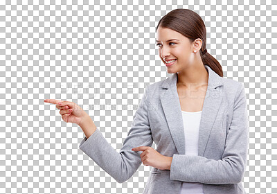 Buy stock photo Business, pointing and woman with promotion, smile and employee isolated on a transparent background. Happy, entrepreneur and consultant with gesture, png and opportunity with announcement and choice