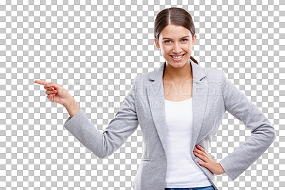 Buy stock photo Business, pointing and woman with promotion, portrait and entrepreneur isolated on a transparent background. Happy, employee or consultant with gesture, png or opportunity for professional choice