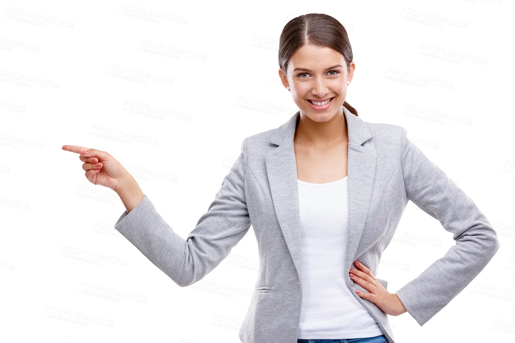 Buy stock photo Business, pointing and woman with promotion, portrait and entrepreneur isolated on a transparent background. Happy, employee or consultant with gesture, png or opportunity for professional choice