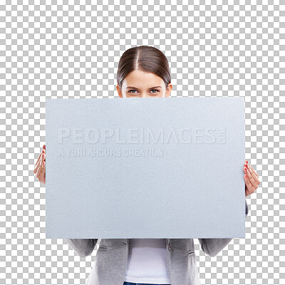 Buy stock photo Isolated business woman, blank poster and portrait with mockup space for promo by transparent png background. Entrepreneur, manager and holding paper billboard for media, advertising or information