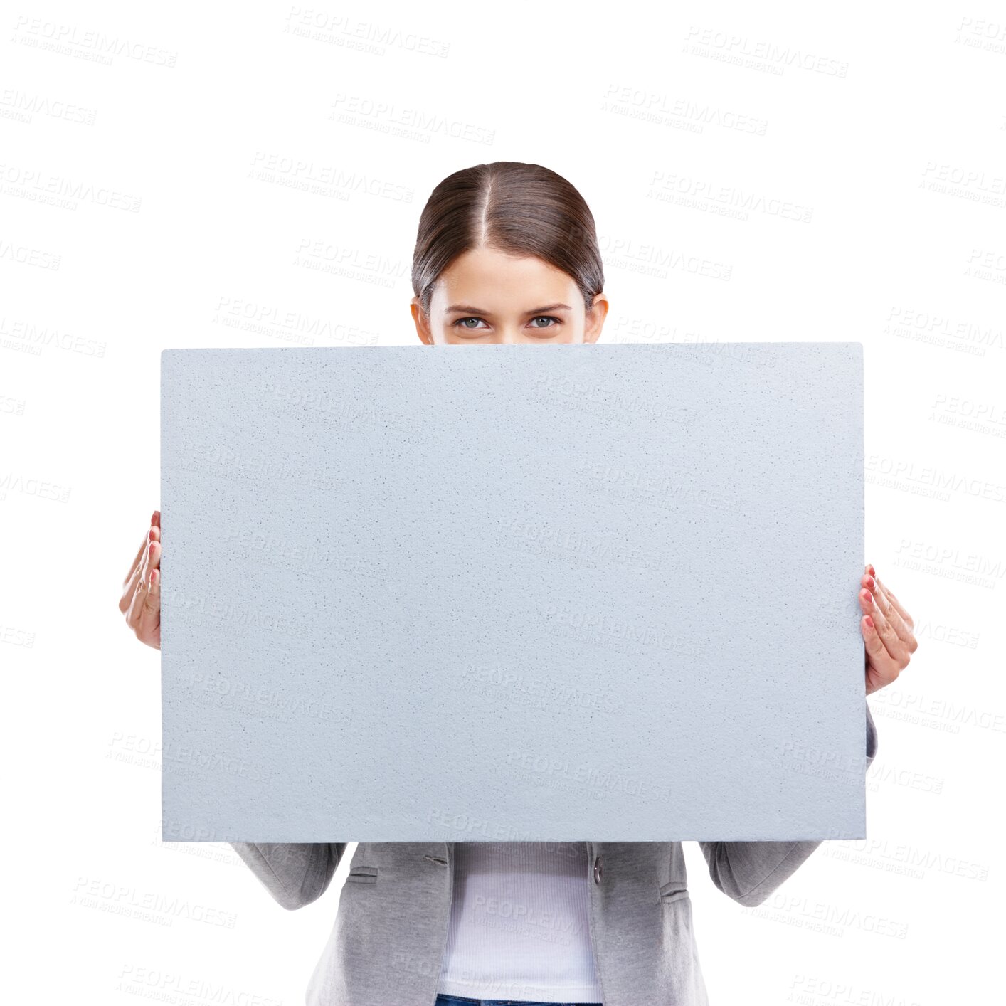 Buy stock photo Isolated business woman, blank poster and portrait with mockup space for promo by transparent png background. Entrepreneur, manager and holding paper billboard for media, advertising or information