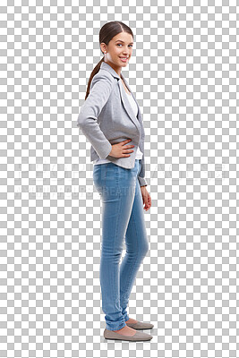 Buy stock photo Smile, fashion and portrait of a woman with confidence, attitude or stylish aesthetic. Happy, young and a girl or model with trendy, classy or denim clothes isolated on a transparent png background