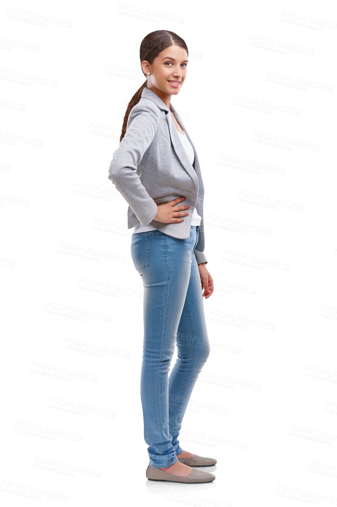 Buy stock photo Smile, fashion and portrait of a woman with confidence, attitude or stylish aesthetic. Happy, young and a girl or model with trendy, classy or denim clothes isolated on a transparent png background