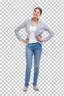 Buy stock photo Young woman, fashion portrait and full body with confidence and happy pose in jeans and blazer. Person smile with denim clothes, casual style or trendy outfit isolated on transparent png background