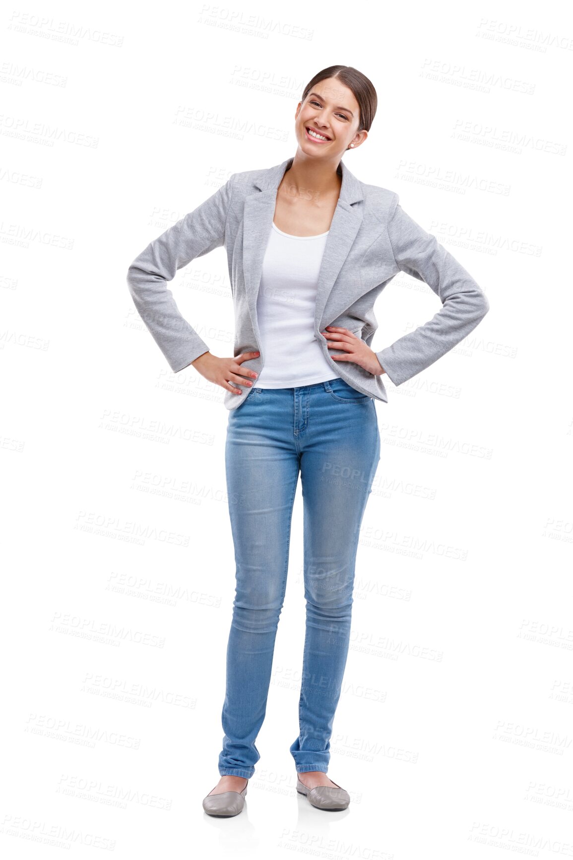 Buy stock photo Young woman, fashion portrait and full body with confidence and happy pose in jeans and blazer. Person smile with denim clothes, casual style or trendy outfit isolated on transparent png background