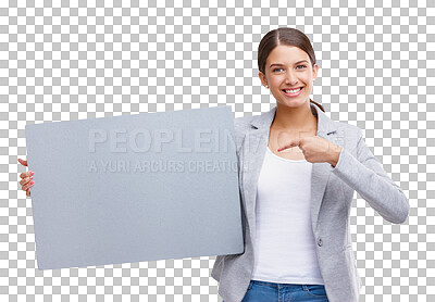 Buy stock photo Isolated business woman, point and poster with smile, mockup space and promo by transparent png background. Entrepreneur, manager and portrait with paper billboard for media, advertising and choice