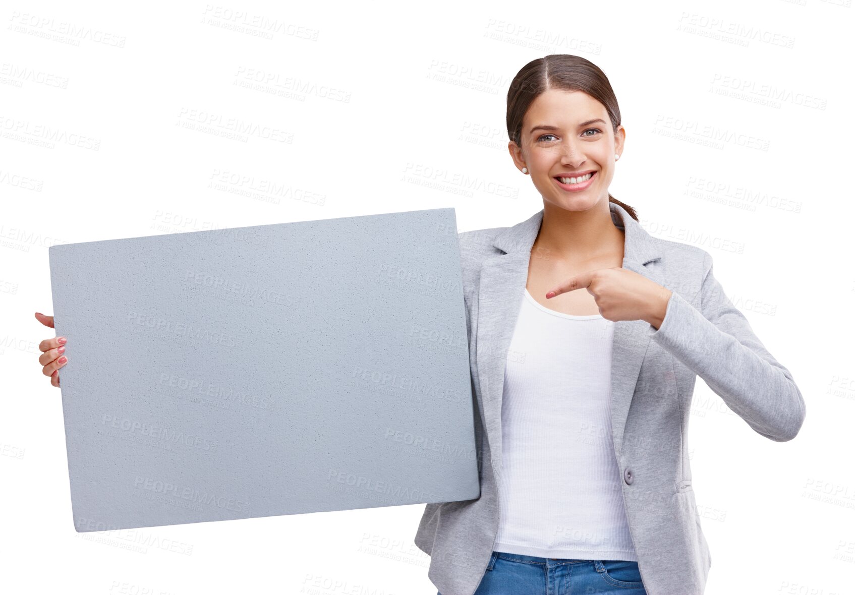 Buy stock photo Isolated business woman, point and poster with smile, mockup space and promo by transparent png background. Entrepreneur, manager and portrait with paper billboard for media, advertising and choice