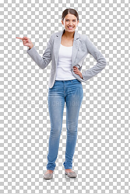 Buy stock photo Portrait of woman with smile, pointing and isolated on transparent png background for promo or presentation. Information, deal announcement and casual happy model showing opportunity, choice or idea.