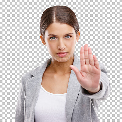 Buy stock photo Portrait, hand and stop with a business woman isolated on a transparent background to protest discrimination. Palm, warning and reject with a serious young female employee on PNG to deny harassment