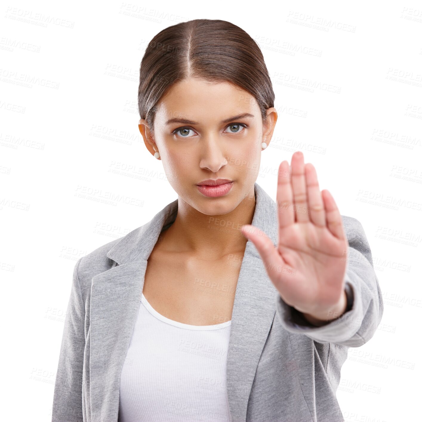 Buy stock photo Portrait, hand and stop with a business woman isolated on a transparent background to protest discrimination. Palm, warning and reject with a serious young female employee on PNG to deny harassment