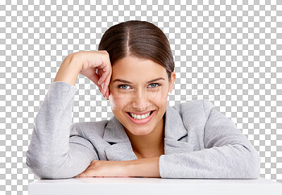 Buy stock photo Business, woman and arms on table in portrait with confident mindset or motivation on transparent, isolated or png background. Corporate, employee or entrepreneur to relax in startup, work or career