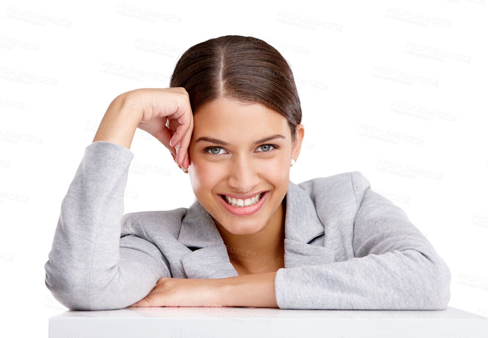 Buy stock photo Business, woman and arms on table in portrait with confident mindset or motivation on transparent, isolated or png background. Corporate, employee or entrepreneur to relax in startup, work or career