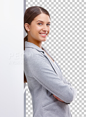 Buy stock photo Happy, portrait and profile of business woman or corporate, intern and graduate lawyer on isolated, transparent or png background. Legal, consultant or smile with confidence of employee in internship