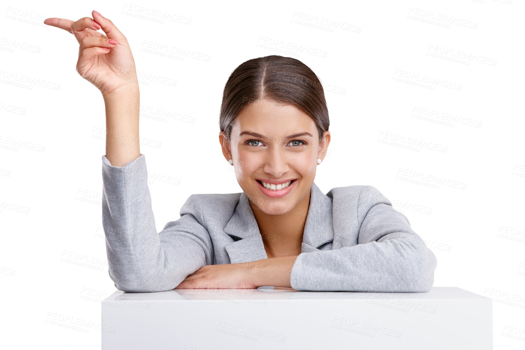 Buy stock photo Business, pointing and woman with an offer, portrait and employee isolated on a transparent background. Face, entrepreneur and consultant with gesture, png and opportunity with direction and choice