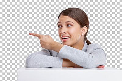 Buy stock photo Business, pointing and woman with promotion, direction and employee isolated on a transparent background. Choice, entrepreneur or consultant with gesture, png or opportunity with announcement or sale